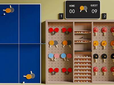 Colorful Ping Pong Room With Blue Table Wooden Paddle Rack And Scoreboard 3d model