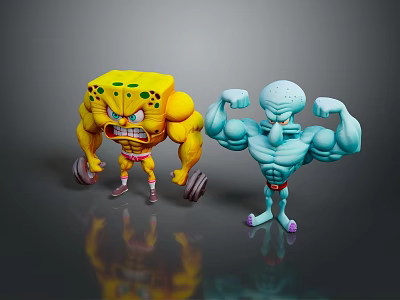 Muscular Yellow And Blue Cartoon Characters Flexing Muscles While Lifting Dumbbells 3d model