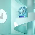 Blue Air Cooler Fan With Modern Design On Spiral Steps In Light Blue Tone
