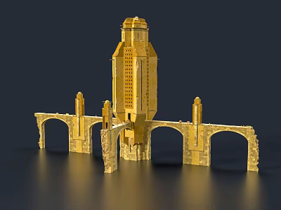 Exquisite Golden European Architecture Featuring Tower And Arch Bridge Elements With Detailed Design 3d model