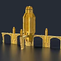 Exquisite Golden European Architecture Featuring Tower And Arch Bridge Elements With Detailed Design
