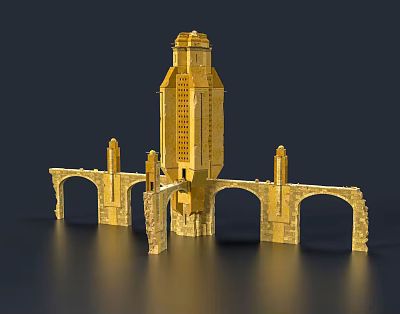 Exquisite Golden European Architecture Featuring Tower And Arch Bridge Elements With Detailed Design 3d model