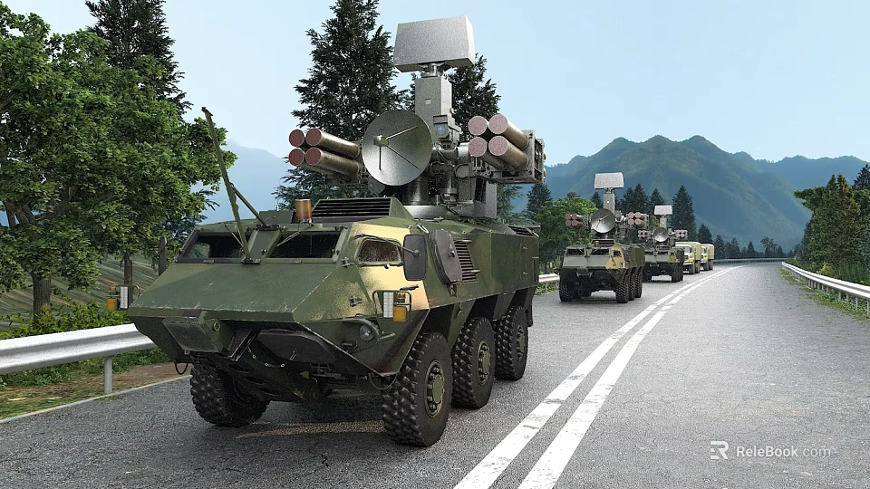 Multiple Green Military Functional Vehicles with Weapon Systems Driving on Road in Mountain and Trees 3d model 