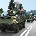 Multiple Green Military Functional Vehicles with Weapon Systems Driving on Road in Mountain and Trees