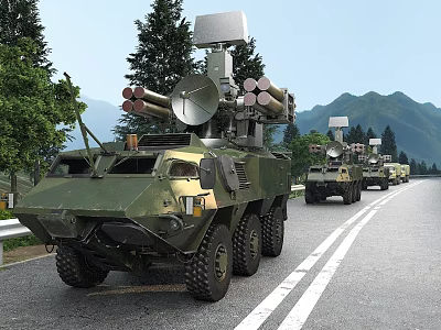 Multiple Green Military Functional Vehicles with Weapon Systems Driving on Road in Mountain and Trees 3d model