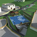 Aerial View Planning of Green Lawn with Curved Path and Wooden Recreational Structure