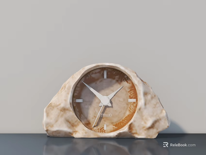 Stone Shaped Clock with Brown Dial White Hands Markers on Gray Surface Light Gray Wall 3d model