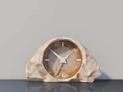Stone Shaped Clock with Brown Dial White Hands Markers on Gray Surface Light Gray Wall 3d model