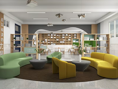 Modern School Library Interior Featuring Rest Area Sofa Bookshelves And Green Plants 3d model