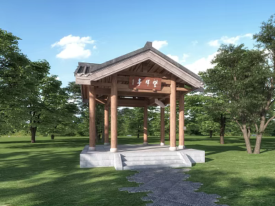 Traditional Chinese Pavilion In Green Grassland With Trees And Blue Sky 3d model
