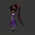 Chibi Game Movie Character Wearing Purple Outfit With Long Hair Flower Accessories And Flowing Ribbons