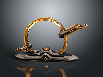Golden Circular Ring Sculpture With Intricate Metallic Base And Decorative Elements 3d model