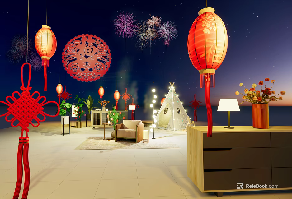 Festive Indoor Decor Featuring Red Lanterns Chinese Knot Fireworks And Sofa 3d model 