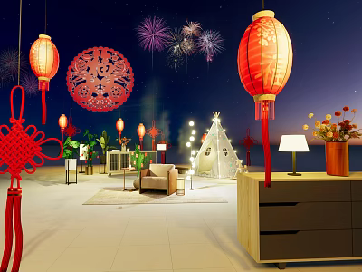 Festive Indoor Decor Featuring Red Lanterns Chinese Knot Fireworks And Sofa 3d model