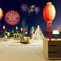 Festive Indoor Decor Featuring Red Lanterns Chinese Knot Fireworks And Sofa