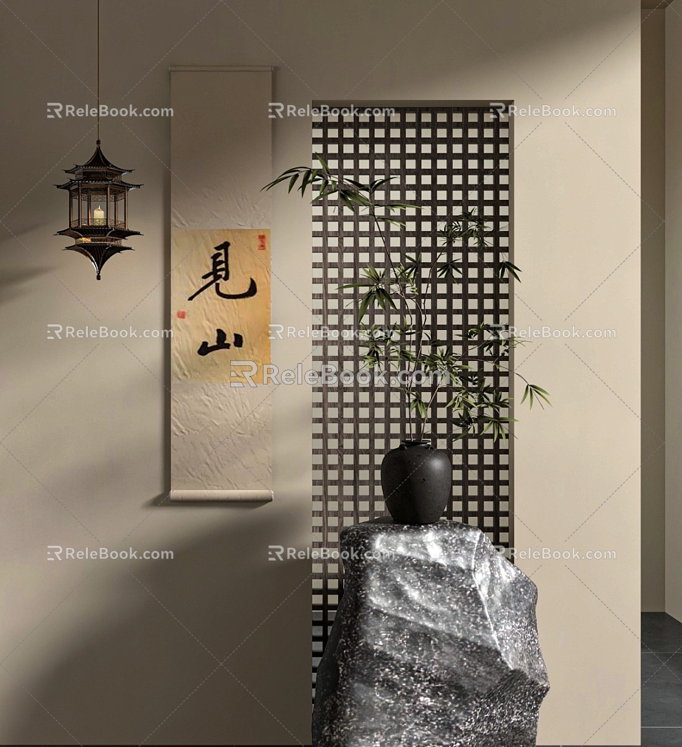 Quiet Ancient Grille Stone Partition Hanging Painting 3d model