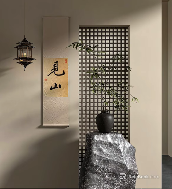 Chinese Lattice Room Divider With Bamboo Plant Hanging Lantern Calligraphy Scroll And Stone Ornament 3d model 