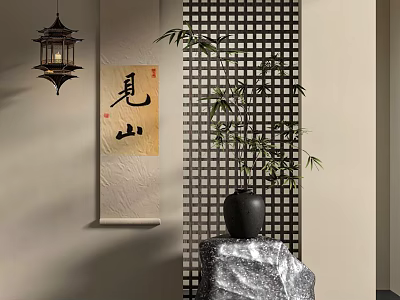 Chinese Lattice Room Divider With Bamboo Plant Hanging Lantern Calligraphy Scroll And Stone Ornament 3d model