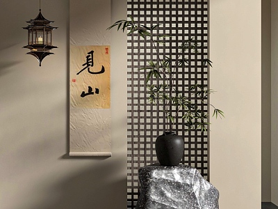 Quiet Ancient Grille Stone Partition Hanging Painting 3d model