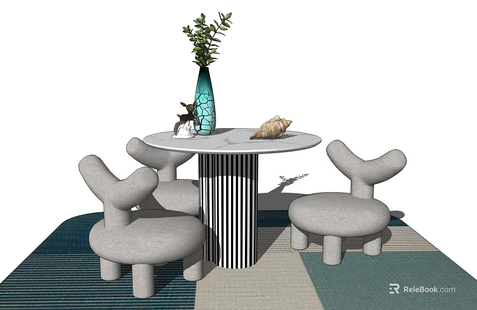 Cute Kids Round Table with Striped Legs and Rabbit Ear Gray Chairs 3d model 