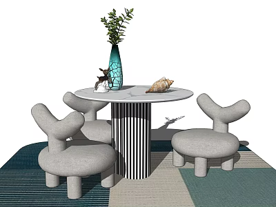 Cute Kids Round Table with Striped Legs and Rabbit Ear Gray Chairs 3d model