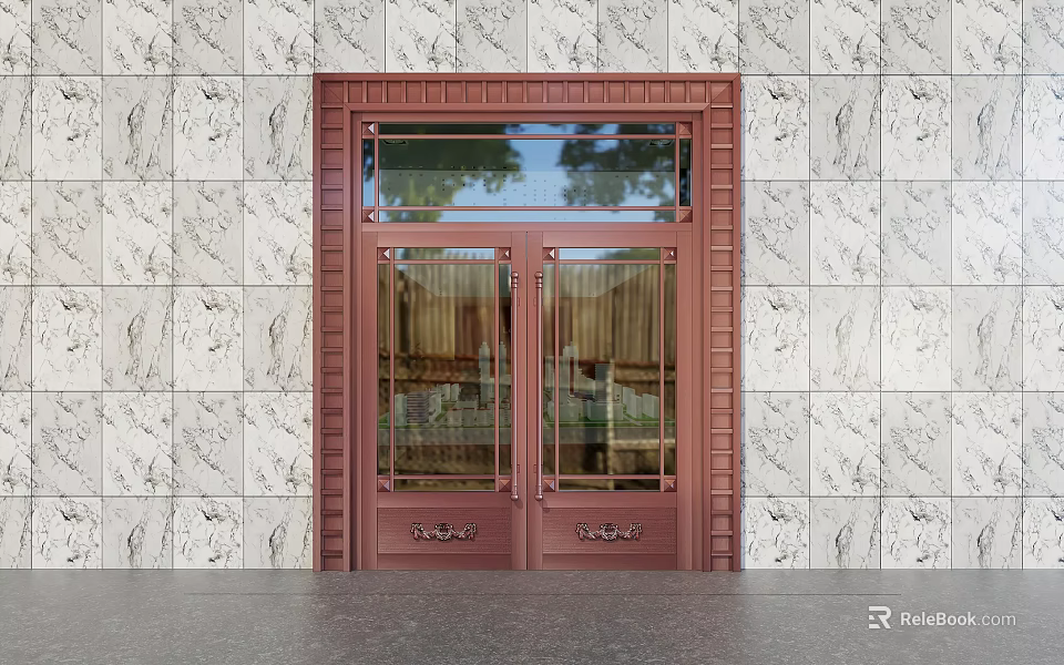 Elegant Copper Double Doors With Glass Panels On Marble Wall Exterior 3d model 