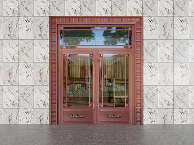 Elegant Copper Double Doors With Glass Panels On Marble Wall Exterior 3d model