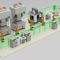 Industrial Equipment Automated Production Line With Robotic Arms And Safety Fencing