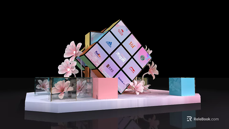 Colorful Brand Logo Cube Display With Pink Flowers And Decorative Elements 3d model 