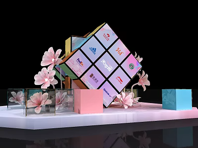 Colorful Brand Logo Cube Display With Pink Flowers And Decorative Elements 3d model