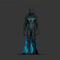 Sci Fi Character 3D Model With Black Suit Blue Glowing Lines Head Antennae And Cape