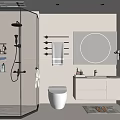 Modern Bathroom Interior With Glass Shower Smart Toilet Round Backlit Mirror And White Vanity