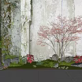 Charming Garden Ornament with Red Maple Ferns Rocks Green Grass by Weathered Wall