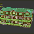 Cartoon Scene Two Story Wooden House Featuring Green Roof Balconies White Tables and Chairs