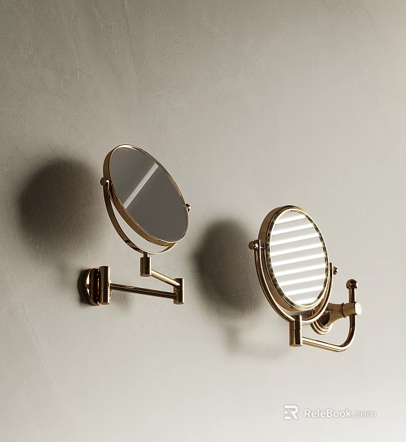 Two Gold Toned Adjustable Wall Mounted Mirrors On Gray Wall 3d model 