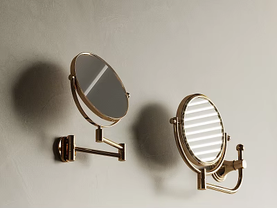 Two Gold Toned Adjustable Wall Mounted Mirrors On Gray Wall 3d model