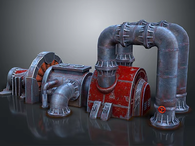Industrial Style Mechanical Equipment Featuring Metal Pipes Red Components And Rusted Finish 3d model