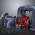 Industrial Style Mechanical Equipment Featuring Metal Pipes Red Components And Rusted Finish