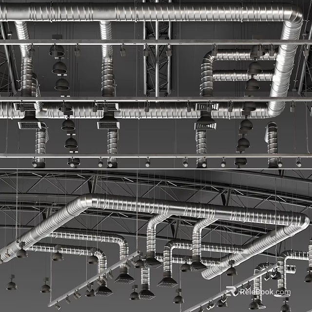 Industrial Equipment With Suspended Metal Pipes And Ducts In Factory Ceiling 3d model 