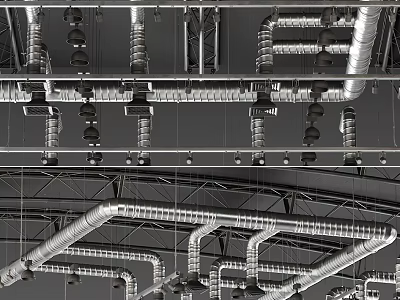 Industrial Equipment With Suspended Metal Pipes And Ducts In Factory Ceiling 3d model