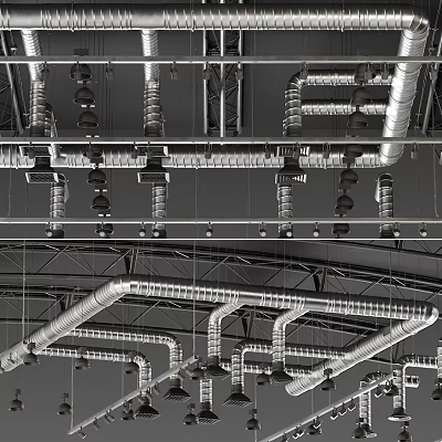 Industrial Equipment With Suspended Metal Pipes And Ducts In Factory Ceiling 3d model Industrial Equipment With Suspended Metal Pipes And Ducts In Factory Ceiling 3d model