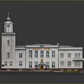 Detailed Scenic View of White Building with Clock Tower Blue Roof Steps and Green Lawn