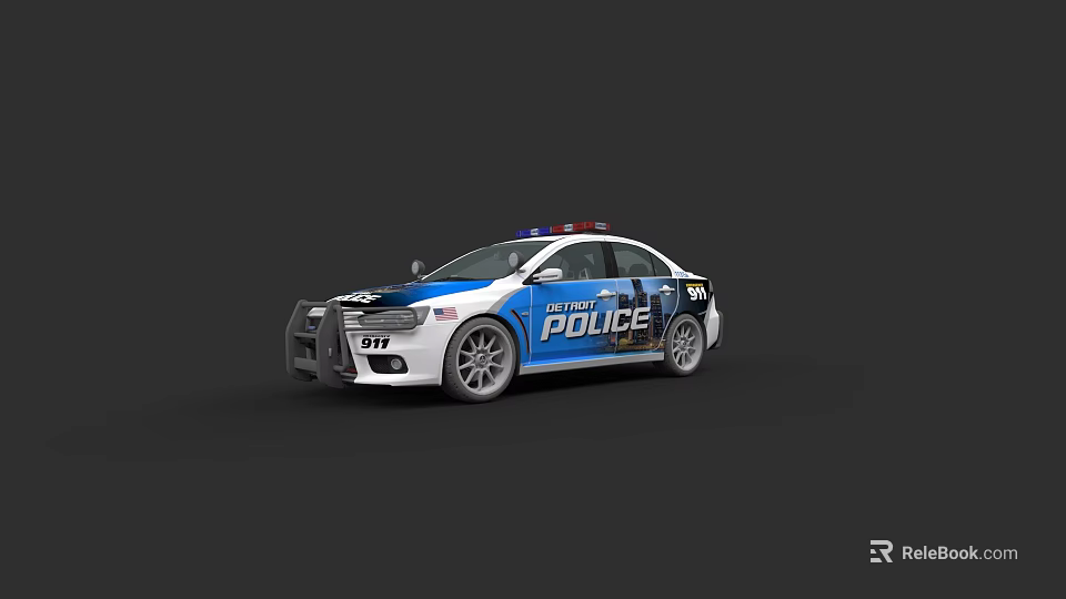 Blue And White Police Car With Flashing Lights And Official Decals 3d model 