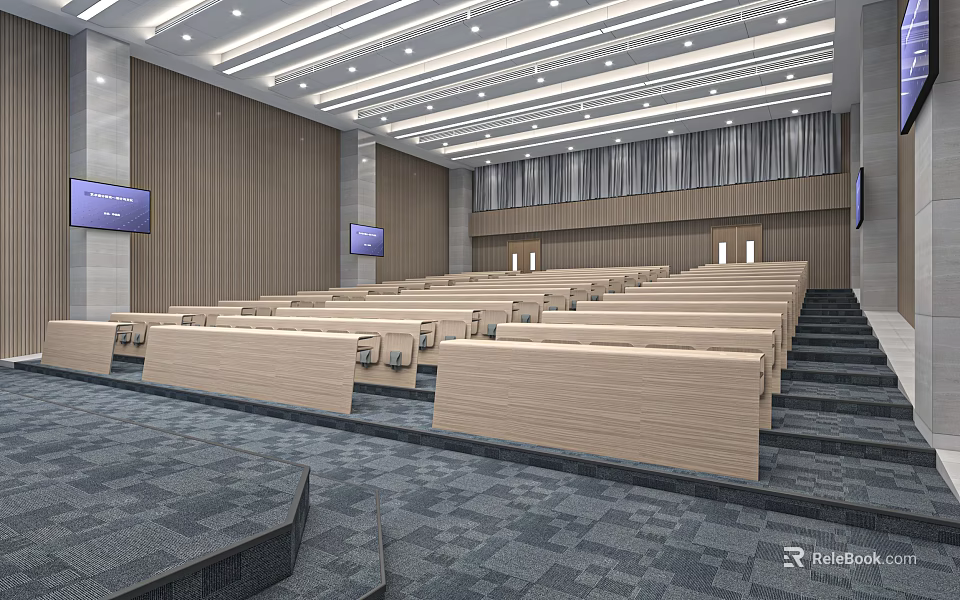 Modern Conference Room Interior With Wooden Long Tables Stepped Seating And Multiple Screens 3d model 