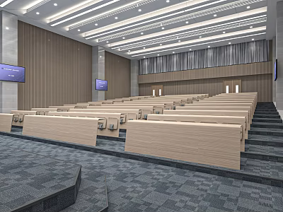 Modern Conference Room Interior With Wooden Long Tables Stepped Seating And Multiple Screens 3d model