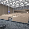 Modern Conference Room Interior With Wooden Long Tables Stepped Seating And Multiple Screens