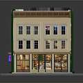 Cartoon Three Story Building Model With Beige Facade Brown Decorative Lines And Shop Fronts