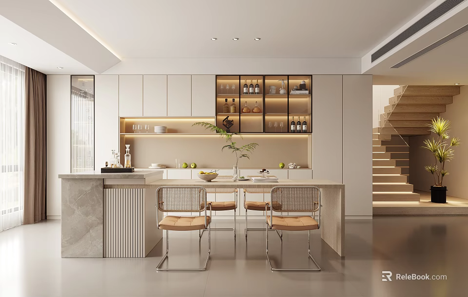Modern Restaurant Interior Featuring Open Design Counter Chairs Wine Rack And Lighting 3d model 