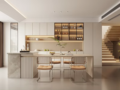 Modern Restaurant Interior Featuring Open Design Counter Chairs Wine Rack And Lighting 3d model