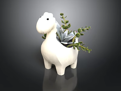 Decorative White Dinosaur Shaped Planter With Succulents And Green Leaves 3d model